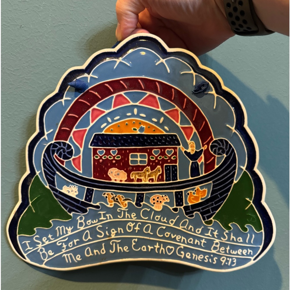 J Duban Designs Noah's Ark Animal Handmade Ceramic Wall Hanging Tile Bible Verse